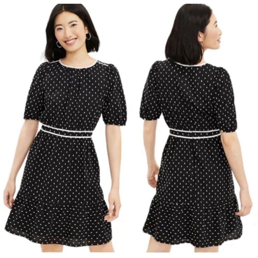 Loft Womens Dress Sz 4 Black White Swiss Dot Peplum Hem Lined Peasant